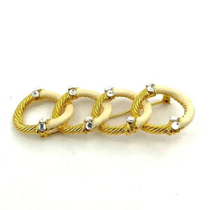 VTG Gold Tone Enamel Brooch Pin Clear Rhinestone Circle Loop Retro